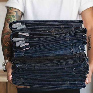 Maden Vintage Hommes Denim Jean Big Tall Regular Fit Jambe Droite Raw Selvedge Jeans Bleu Foncé Pantalon Classique Pantalon Trous 210716