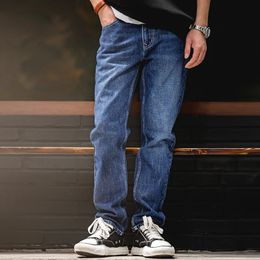 Maden vintage lavado jeans 14 oz lavado em linha reta ajuste calças masculinas com fivela de volta 100% algodão meados cintura calças jeans azul 28-36 240106