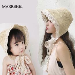 Maershei Zomerhoeden voor vrouwen Straw Zon Hoed Lady Girls Lace Lint Bow Panma Strandmuts Floppy Vrouw Vouwen Chapeu Y200602