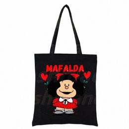 Mafalda Anime Carto Comic dames sacs à main noirs toile fourre-tout sac boutique voyage femmes sacs à bandoulière réutilisables bolsas de tela C4L1 #