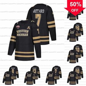 Mag A3740 Personnalisé West Michigan Broncos Noir NCAA College Hockey NCHC Jersey 7 Ronnie Attard 26 Ethen Frank 8 Jamal Mayers 13 Drew Worrad 21 Josh