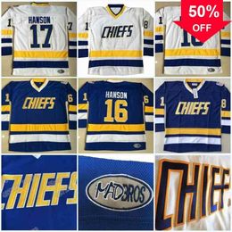 Mag C202 Charlestown 16 Jack Hanson 17 Steve Hanson 18 Jeff Hanson Brother Slap Shot Film Hockey Jersey Doule Stitched Nom Numéro