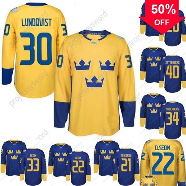 Maillots de hockey suédois de l'équipe de la Coupe du monde Mag Mit 2016 Lundqvist Markstrom Ekman larsson Sedin Eriksson Steen Backstrom Silfverberg Maillots de hockey personnalisés