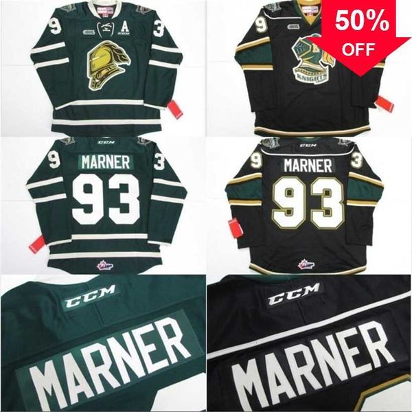 Mag Mit # 93 Mitch Marner Jersey OHL London Knights CCM Premer 7185 Mitch Marner Mens 100% bordado cosido Camisetas de hockey sobre hielo Verde Negro