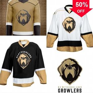 Mag Mit ECHL Newfoundland Growlers New Third Jersey Custom Heren Dames Jeugd Thuis Uit Hockey Jersey Goud Wit Zwart