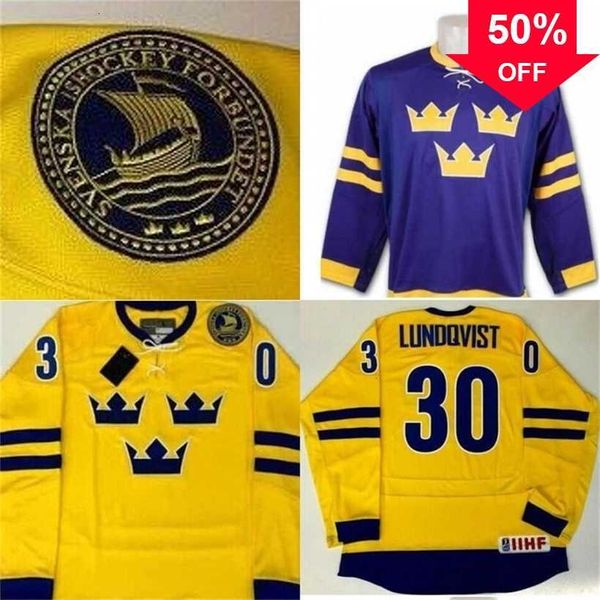 Mag Mit Hombres # 30 Henrik Lundqvist Pintado a mano Suecia Jersey Amarillo Púrpura 100% Bordado cosido s Camisetas de hockey