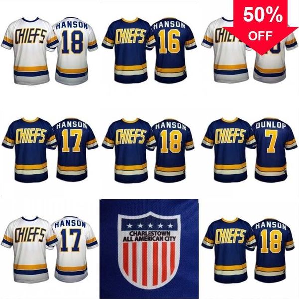 Maillot de hockey Mag MitNess Hanson Brothers Charlestown # 16 Jack # 17 Steve # 18 Jeff 7 Slapshot Movie Maillots Bleu Blanc