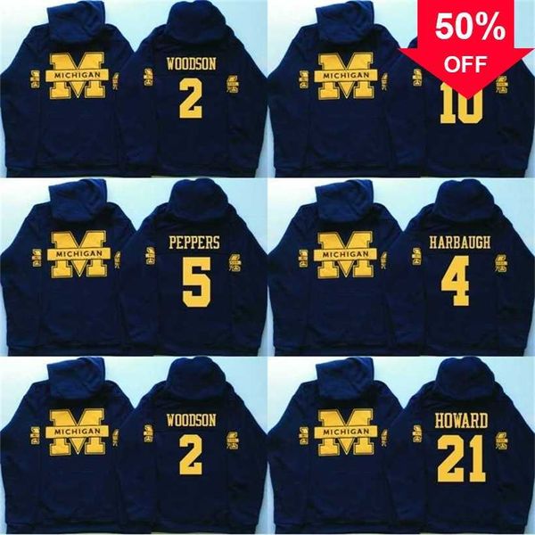 Mag MitNess Hombres Michigan Wolverines Coollege Jersey 5 Jabrill Peppers 4 Jim Harbaugh 10 Brady 2 Charles Woodson 21 Howard Jerseys Sudaderas con capucha Sudaderas
