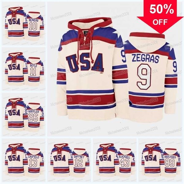 Mag MitNess Miracle On Ice Team USA Hockey Sweat à capuche Cole Caufield Trevor Zegras Matthew Beniers Blake Wheeler Matt Roy Brian Boyle Jack Drury