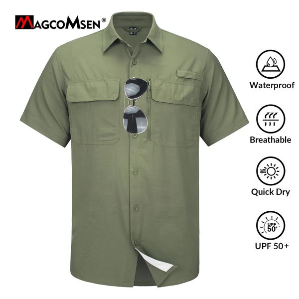 Magcomsen Fishing Shirt Mens Mans à manches courtes Upf 50 Sun Protection Bouton Down Down Shirt Sch Breathable Shirt pour la randonnée safari 240428