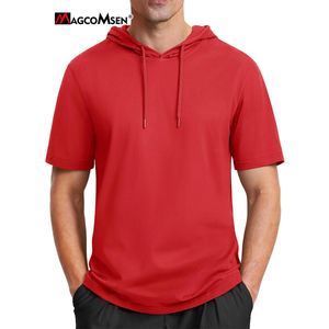 Magcomsen Gym T -shirts Heren Katoen Kort Mouw Sweatshirts Lichtgewicht Drawtring Hoodie Workout Tops Outdoor Sports Shirts 240430