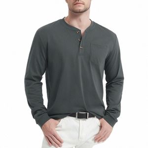 magcomsen Henry Neck Lg Mouwen Mannelijke Hoge Kwaliteit Cott Henley Shirts Casual Butt T-Shirt met Pocket Knoopsluiting Voorzien Tees J9N2 #