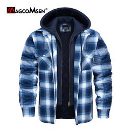 Chaqueta de la camisa de franela de hombre Magcomsen con capucha extraíble a cuadros acolchados alineados casuales de invierno chaquetas termales de viento térmico 240329