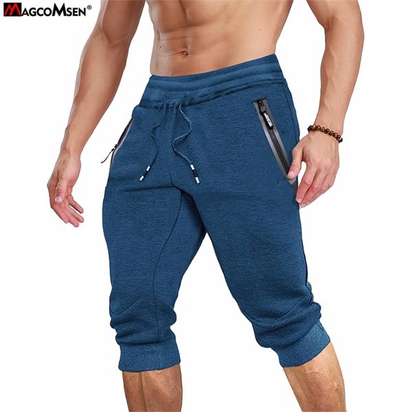 Magcomsen Summer Joggers Mens sous le genou Pantalon de survêtement Traine de fitness Pantalon Zip Pocket DrawString Elastic Taist Track 220622