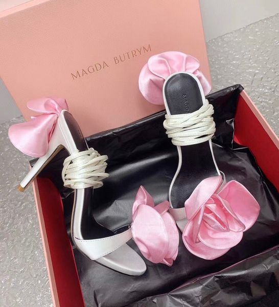 Magda Butrym Double fleur sandales à talons chaussures femmes enveloppant auto-cravate brides de cheville dame fête mariage gladiateur Sandalias EU35-42