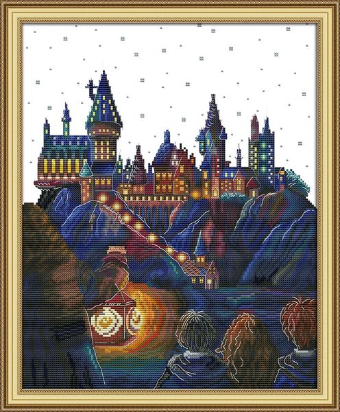 Peintures de décor à la maison de paysage de château magique, ensembles de couture de broderie de point de croix faits à la main comptés impression sur toile DMC 14CT / 11CT