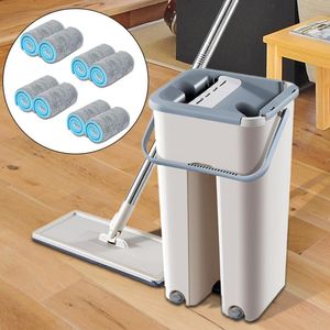 Magic Cleaning MOPS Gratis Hand Spin Cleaning Microfiber Mop met Emmer Platte Squeeze Spray Mop Home Keuken Vloer Schoon gereedschap 210317