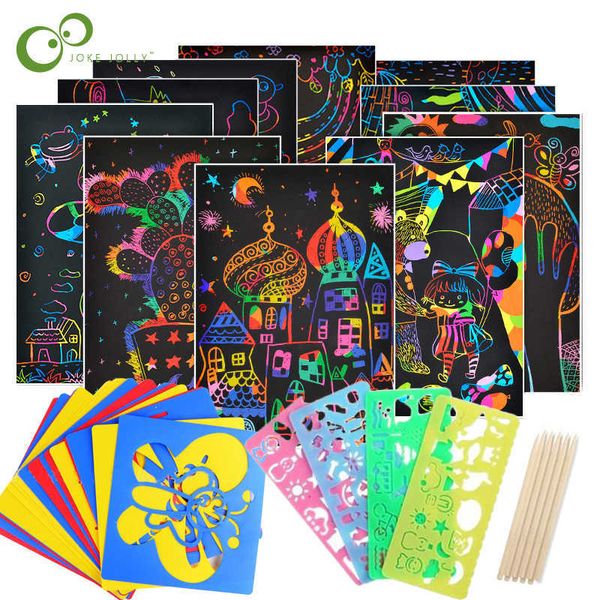 Jeu de cartes de papier de peinture à gratter arc-en-ciel de couleur magique avec pochoir Graffiti pour dessin bâton bricolage Art dessiner jouet