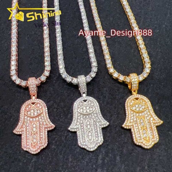 Colgante Magic Eye Palm de plata de ley 925 con diamantes y colgante de hip hop personalizado VVS moissanite Diamond hamsa colgante collar Cadena de tenis de 3 mm