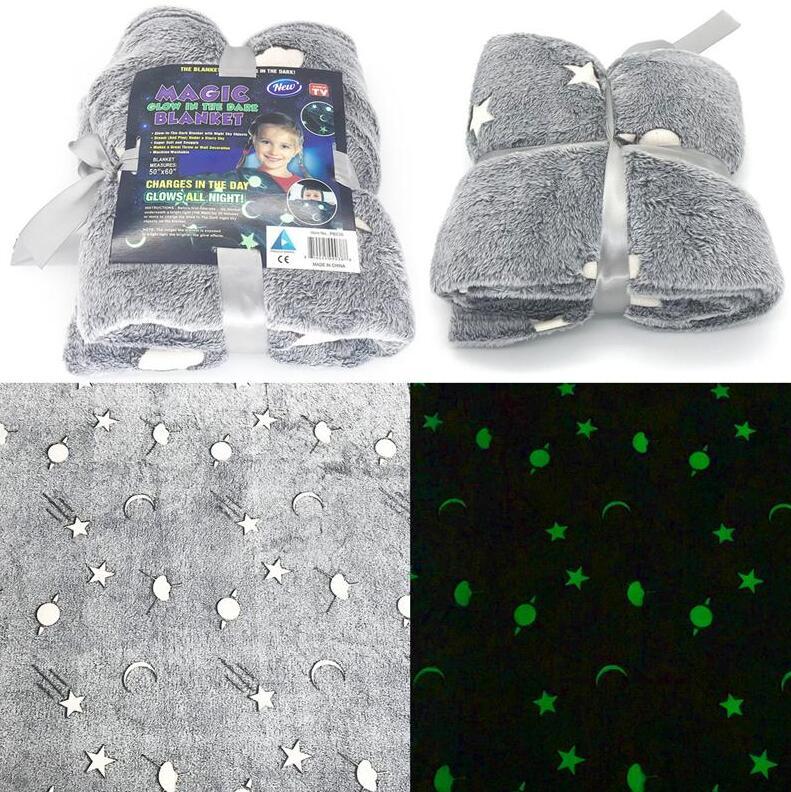 Koce Magic Glow The Dark Fleece Grey Gwiazdy / Księżyc Pluszowe Furry Rzuć Ciepły Koc