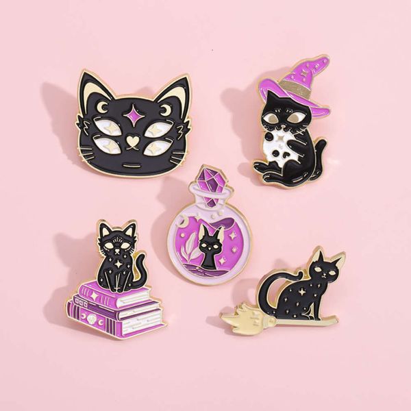Magic Metal Emblem Alloy Halloween Che trashpin violet Potion Potion Witch Black Cat Animal mignon