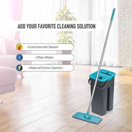 Magic Microfiber Cleaning MOPS Gratis hand met emmer platte squeeze flexibele automatische thuis keuken vloerreiniger 210805