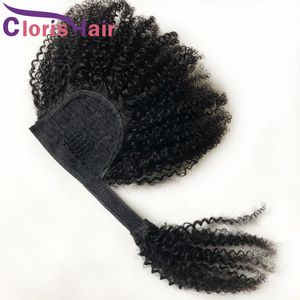 Coller magique Human Hair Ponytail Afro Kinky Curly Curly Virgin Virgy Extensions Clips Pour Femmes # 1b Naturel Naturel Wrap autour de la queue de cheval