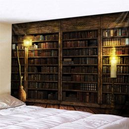 Magic Retro Bookshelf Tapestry Art Wall Opknoping Tapestries Bedspread Throw Home Decor 220401