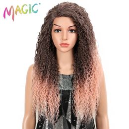 Perruques MAGIC pour femmes noires, cheveux crépus bouclés, 26 parties latérales synthétiques, perruque en dentelle sans colle, Fiber résistante à la chaleur 240110