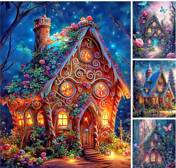 Cabaña mágica de cuento de hadas: kit de pintura de diamantes 5D, jardín encantado, artesanía completa para regalos de decoración del hogar de fantasía