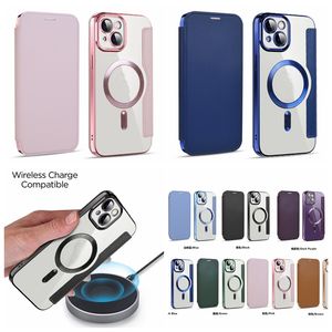 Étuis antichoc en cuir magnétique pour iPhone 14 Pro Max 13 Plus 12 11 Clear Soft Chromé TPU Placage Métallique Carte d'identité Poche Flip Cover Holder Pochette de téléphone magnétique