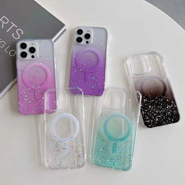 Étuis d'étoiles de chargement sans fil magnétiques pour iPhone 15 Pro Max 14 Plus 13 12 Confettis en feuille dégradée Paillettes claires étoilées Acrylique dur PC Couverture de téléphone magnétique TPU souple