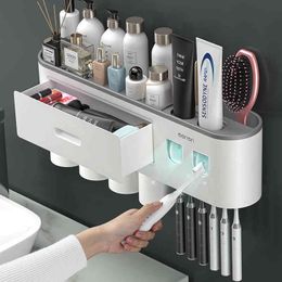 Magnetische adsorption omgekeerde tandenborstelhouder Dubbele automatische tandpasta squeezer dispenser opslag rack badkamer accessoires