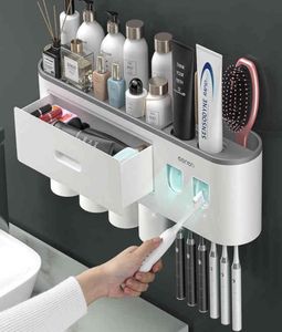 Magnetische adsorptie omgekeerde tandenborstelhouder dubbele automatische tandpasta squeezer dispenser opslagrek badkamer accessoires9205708