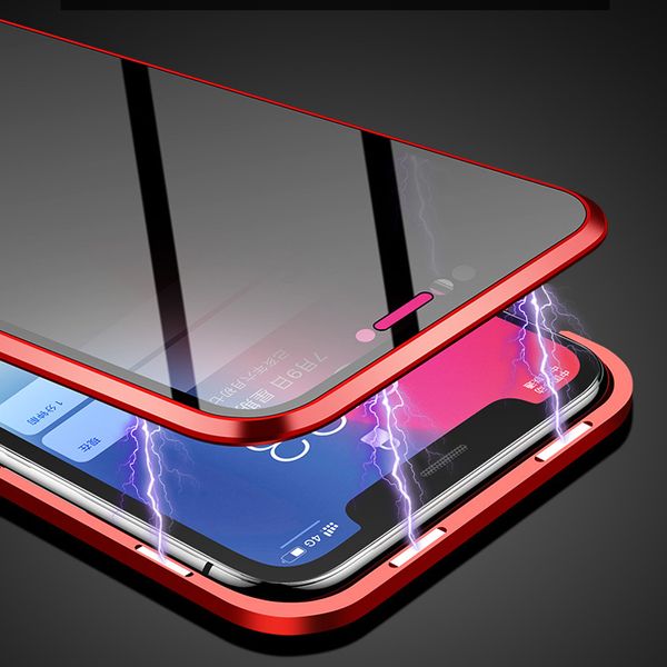 Étui en métal d'adsorption magnétique pour iPhone 11 Pro XR X XS Max 6 7 8 Plus verre trempé Double face anti-peeping