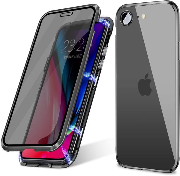 Adsorption magnétique Antichoc Étui de pare-chocs en métal Anti-espion Confidentialité Protecteur d'écran en verre trempé pour iPhone 7/8 Plus SE 2020 iPhone 6 6S