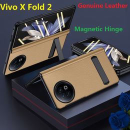 Fundas con soporte magnético para Vivo X Fold 2 Fold2, funda de película protectora con bisagra de cuero genuino