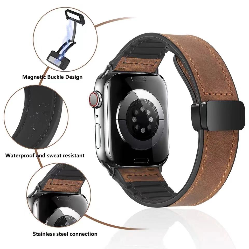 Magnetic Buckle Silicone Leather Strap For Apple Watch Band 49mm 44mm 45mm 42mm 41mm 40mm 38mm Accessories Bracelet for iWatch Ultra Series 9 8 7 SE 6 5 4 Wristbands