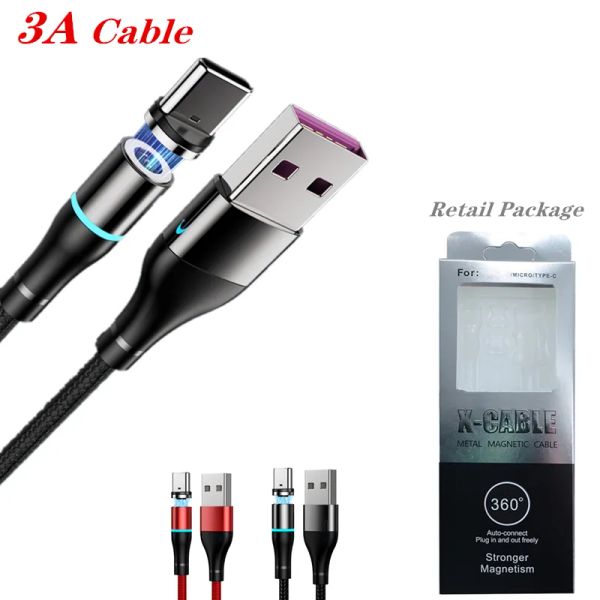 Câble magnétique Type C / Micro USB Câbles 3A Chargeur rapide Cordon de charge Fast Charge Câble pour Samsung S20 Note10 avec paquet de vente au détail LL