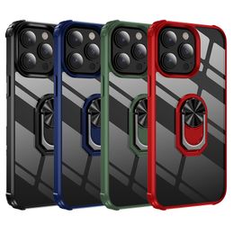 Étuis de téléphone transparents avec support de voiture magnétique pour iPhone 15 11 12 13 14 Pro Max double couche en TPU souple et PC dur résistant aux chocs avec couvercle de support d'anneau pour XR XsMax SE 5G 6s 7 8Plus