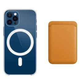 Études magnétiques 2in1 pour Magsafe Wireless Charges Transparent Phone Case pour iPhone 12 11 13 Pro Xs Max Le support de carte en cuir