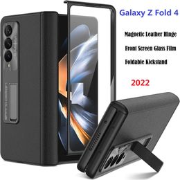 Magnetische gevallen voor Samsung Galaxy Z Fold 4 Case Tempered Glass Filmscherm Beschermer Stand Scharnier Lederen Cover