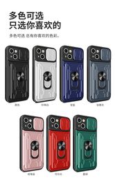 Étuis magnétiques de téléphone portable avec porte-anneau carte de carte de glissement de glissière Push Fenêtre Shockproof Couvercle arrière pour iPhone 13 12 Mini 11 Pro Max xs xr 7 8 SE
