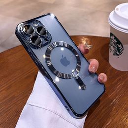 Teléfono de carga magnética Transparente electrochado adecuado para iPhone 14 15 Pro Max con caja de protección de la película de lente