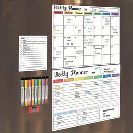 Conjunto de pizarra de calendario de borrado seco magnético (paquete de 3) para la organización del refrigerador, la pared y el refrigerador con notas mensuales, semanales y diarias, con 8 marcadores y 1 borrador