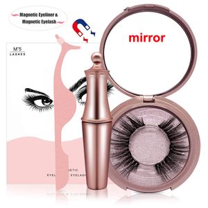 Faux cils magnétiques avec eyeliner liquide et miroir de maquillage Eyeliner magnétique Pince à cils réutilisable 5 aimants Cils en soie Aucune colle nécessaire