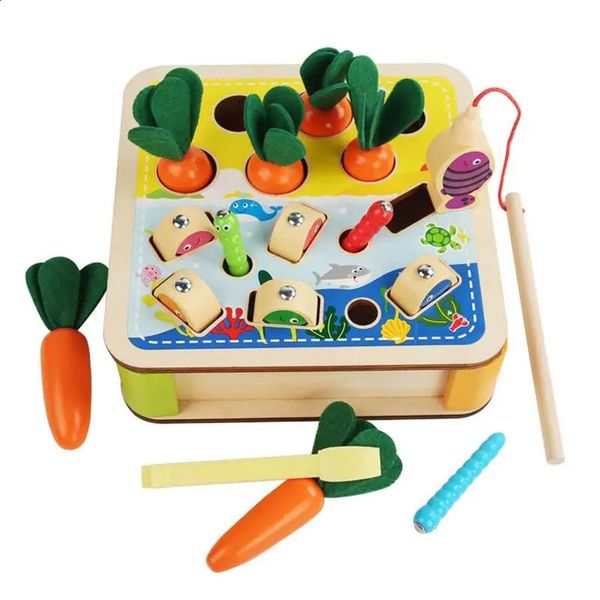 Juego de pesca magnético 3 en 1, juego de cosecha de zanahorias, juguete de madera, aprendizaje preescolar, habilidades motoras finas, juego para niños pequeños Montessori 240130