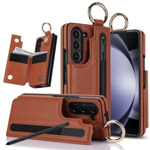 Funda magnética para teléfono Samsung Galaxy plegable Z Fold 5 4 3 5G Soporte para anillo Protección completa Múltiples ranuras para tarjetas Cartera de cuero Kickstand Fold Shell con ranura para bolígrafo