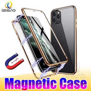 Cas d'adsorption magnétique pour iPhone 15 14 13 12 Pro Max 11 xr 8 plus Couvre de couverture arrière en verre trempé à double trempe couvert izeso