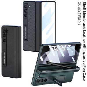 Magnetisch scharnier Koolstofvezel telefoonhoesje voor Samsung Galaxy Z Opvouwbare Fold5 5G Onzichtbare beugel Lychee-patroon Lederen standaard Membraan Opvouwbare schaal met pensleuf